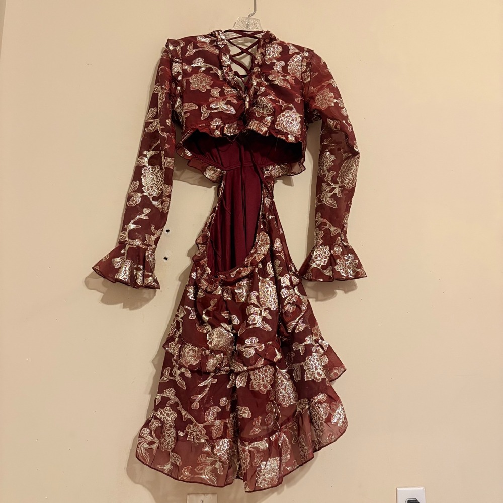 Altar'd State Mollee GG143 Burgundy Gold Metallic Floral Mini Dress Medium - Picture 15 of 15